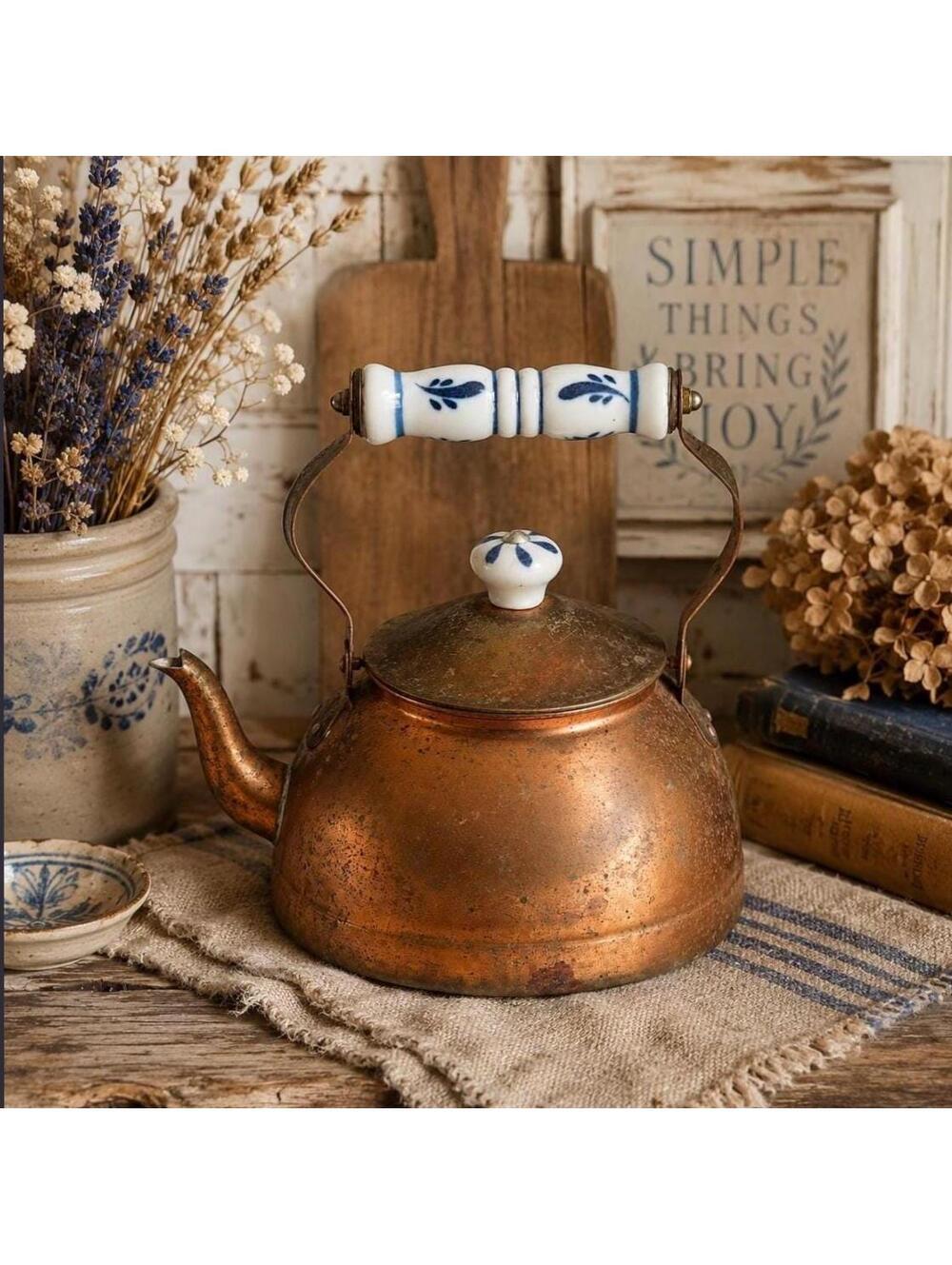 Vintage Copper Tea Kettle with Blue & White Porcelain Accents